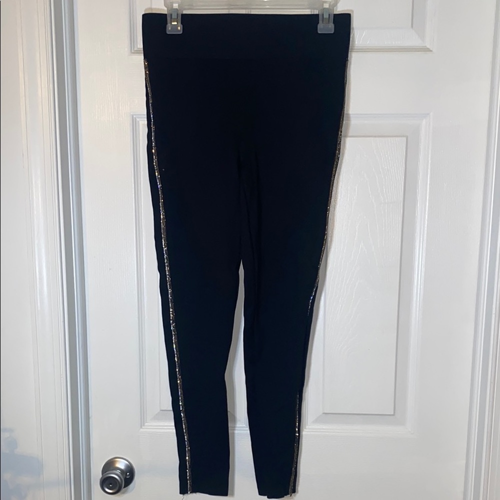 Chic Black Leggings with Silver and Bronze Gemstone Stripe
